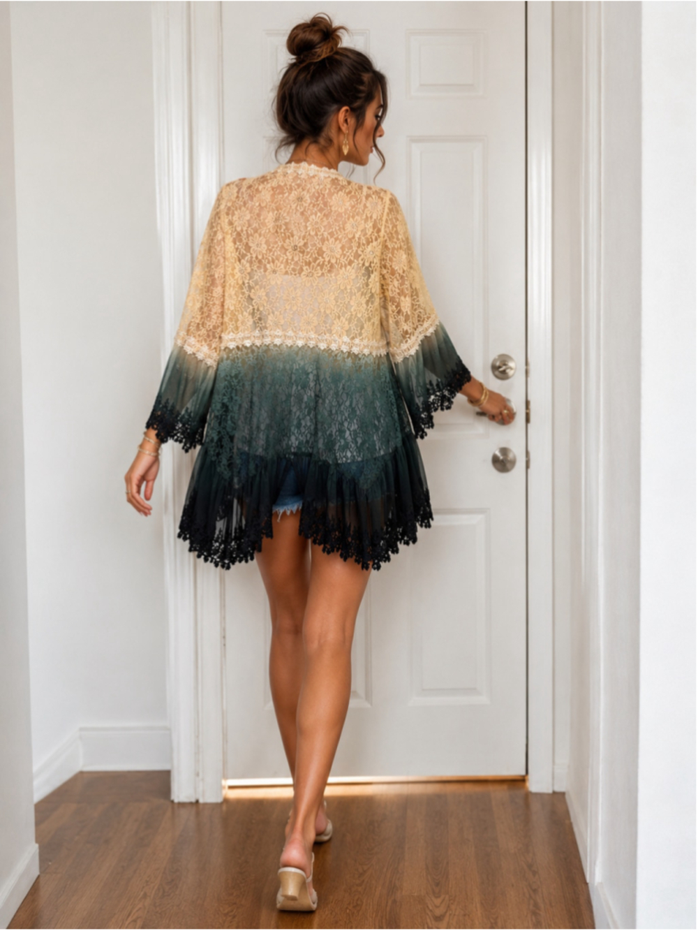 Paris Hues Vintage Y2K Lace Ombre Kimono Cardigan Duster Pine Green Cream XL - Picture 2 of 16